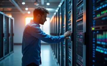 In einem lichtdurchfluteten, modernen Rechenzentrum montiert ein IT-Spezialist mit konzentriertem Lächeln modulare Serverkomponenten in einem eleganten Rack, umgeben von warmem Tageslicht und klaren, realistischen Details, die Flexibilität und zukunftsweisende Technologie greifbar machen.