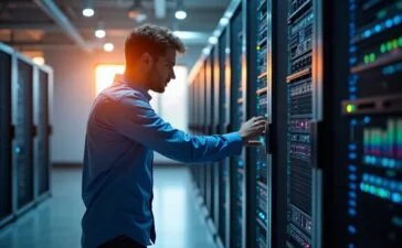 In einem lichtdurchfluteten, modernen Rechenzentrum montiert ein IT-Spezialist mit konzentriertem Lächeln modulare Serverkomponenten in einem eleganten Rack, umgeben von warmem Tageslicht und klaren, realistischen Details, die Flexibilität und zukunftsweisende Technologie greifbar machen.