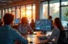 Ein warm erleuchtetes, modernes Büro mit einem vielfältigen Team, das konzentriert an vernetzten Bildschirmen mit Datenvisualisierungen und KI-gesteuerten Automatisierungsprozessen arbeitet, während das natürliche Tageslicht durch große Fenster fällt und eine Atmosphäre von Innovationsgeist und gelebter Zusammenarbeit schafft.