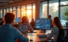 Ein warm erleuchtetes, modernes Büro mit einem vielfältigen Team, das konzentriert an vernetzten Bildschirmen mit Datenvisualisierungen und KI-gesteuerten Automatisierungsprozessen arbeitet, während das natürliche Tageslicht durch große Fenster fällt und eine Atmosphäre von Innovationsgeist und gelebter Zusammenarbeit schafft.