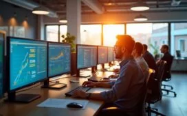 Ein hell erleuchtetes, modernes Büro mit einem engagierten IT-Team, das konzentriert vor großen, transparenten Bildschirmen mit farbigen Datenvisualisierungen und Echtzeit-Performance-Dashboards sitzt, umgeben von natürlichem Tageslicht, das eine warme, freundliche Arbeitsatmosphäre schafft.