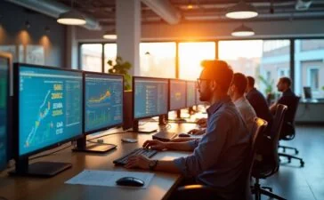 Ein hell erleuchtetes, modernes Büro mit einem engagierten IT-Team, das konzentriert vor großen, transparenten Bildschirmen mit farbigen Datenvisualisierungen und Echtzeit-Performance-Dashboards sitzt, umgeben von natürlichem Tageslicht, das eine warme, freundliche Arbeitsatmosphäre schafft.