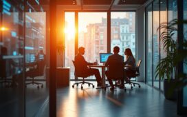 Ein warm beleuchtetes, modernes Büro mit Forschern und Unternehmern in lebhafter Diskussion vor großen Fenstern, die sanftes Tageslicht hereinlassen, während elegante Tech-Elemente wie transparente Bildschirme und Schaltkreise im Hintergrund eine zukunftsweisende Atmosphäre schaffen – ein inspirierendes Szenario, das den Brückenschlag zwischen den ehrgeizigen Hoffnungen der KI-Ära und den vielversprechenden Anfängen des Quantencomputings einfühlsam visualisiert.