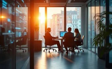 Ein warm beleuchtetes, modernes Büro mit Forschern und Unternehmern in lebhafter Diskussion vor großen Fenstern, die sanftes Tageslicht hereinlassen, während elegante Tech-Elemente wie transparente Bildschirme und Schaltkreise im Hintergrund eine zukunftsweisende Atmosphäre schaffen – ein inspirierendes Szenario, das den Brückenschlag zwischen den ehrgeizigen Hoffnungen der KI-Ära und den vielversprechenden Anfängen des Quantencomputings einfühlsam visualisiert.