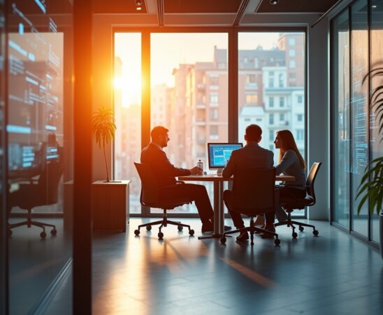 Ein warm beleuchtetes, modernes Büro mit Forschern und Unternehmern in lebhafter Diskussion vor großen Fenstern, die sanftes Tageslicht hereinlassen, während elegante Tech-Elemente wie transparente Bildschirme und Schaltkreise im Hintergrund eine zukunftsweisende Atmosphäre schaffen – ein inspirierendes Szenario, das den Brückenschlag zwischen den ehrgeizigen Hoffnungen der KI-Ära und den vielversprechenden Anfängen des Quantencomputings einfühlsam visualisiert.