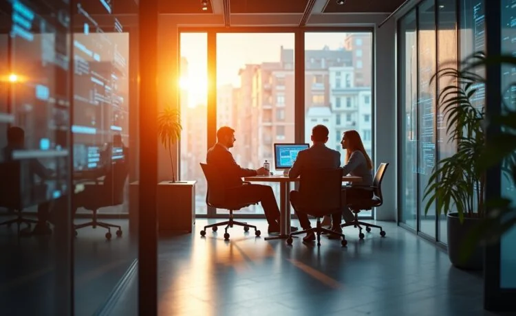 Ein warm beleuchtetes, modernes Büro mit Forschern und Unternehmern in lebhafter Diskussion vor großen Fenstern, die sanftes Tageslicht hereinlassen, während elegante Tech-Elemente wie transparente Bildschirme und Schaltkreise im Hintergrund eine zukunftsweisende Atmosphäre schaffen – ein inspirierendes Szenario, das den Brückenschlag zwischen den ehrgeizigen Hoffnungen der KI-Ära und den vielversprechenden Anfängen des Quantencomputings einfühlsam visualisiert.