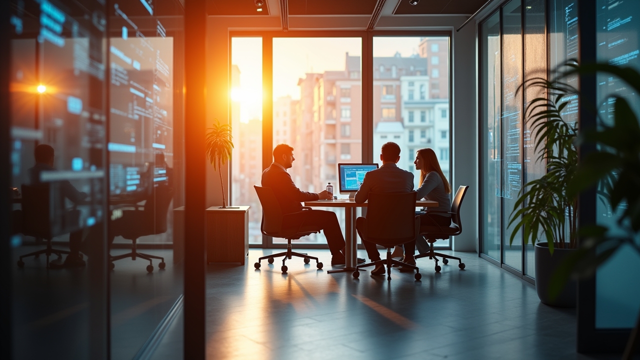 Ein warm beleuchtetes, modernes Büro mit Forschern und Unternehmern in lebhafter Diskussion vor großen Fenstern, die sanftes Tageslicht hereinlassen, während elegante Tech-Elemente wie transparente Bildschirme und Schaltkreise im Hintergrund eine zukunftsweisende Atmosphäre schaffen – ein inspirierendes Szenario, das den Brückenschlag zwischen den ehrgeizigen Hoffnungen der KI-Ära und den vielversprechenden Anfängen des Quantencomputings einfühlsam visualisiert.