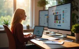 Ein lichtdurchflutetes, modernes Arbeitszimmer mit einem Laptop auf einem holzfarbenen Schreibtisch, umgeben von Tablets und Farbmusterkarten, in dem eine Person entspannt und konzentriert an einem Bildschirm die Vorteile des neuen JPEG XL Bildformats entdeckt – eine warme, freundliche Atmosphäre, die technische Innovation und kreative Effizienz ausstrahlt.