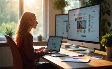 Ein lichtdurchflutetes, modernes Arbeitszimmer mit einem Laptop auf einem holzfarbenen Schreibtisch, umgeben von Tablets und Farbmusterkarten, in dem eine Person entspannt und konzentriert an einem Bildschirm die Vorteile des neuen JPEG XL Bildformats entdeckt – eine warme, freundliche Atmosphäre, die technische Innovation und kreative Effizienz ausstrahlt.