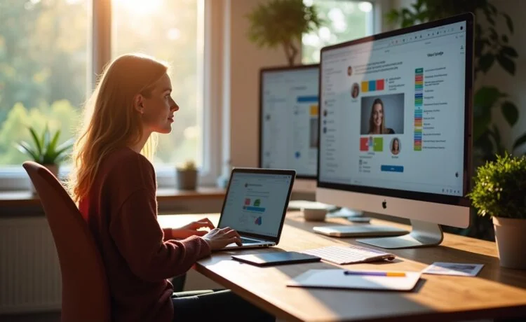 Ein lichtdurchflutetes, modernes Arbeitszimmer mit einem Laptop auf einem holzfarbenen Schreibtisch, umgeben von Tablets und Farbmusterkarten, in dem eine Person entspannt und konzentriert an einem Bildschirm die Vorteile des neuen JPEG XL Bildformats entdeckt – eine warme, freundliche Atmosphäre, die technische Innovation und kreative Effizienz ausstrahlt.