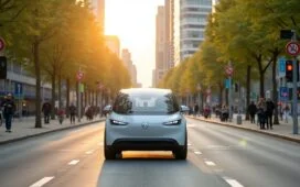 Ein sonnendurchfluteter moderner Stadthintergrund mit einem stilvollen, futuristischen Elektroauto auf einer breiten, urbanen Straße, umgeben von grünen Bäumen und intelligenten Verkehrsschildern, während freundliche Menschen entspannt am Straßenrand in Richtung der Mobilitätszukunft blicken – ein harmonisches Bild technologischer Innovation und menschlicher Zuversicht im Herzen Deutschlands.