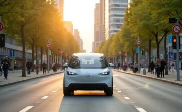 Ein sonnendurchfluteter moderner Stadthintergrund mit einem stilvollen, futuristischen Elektroauto auf einer breiten, urbanen Straße, umgeben von grünen Bäumen und intelligenten Verkehrsschildern, während freundliche Menschen entspannt am Straßenrand in Richtung der Mobilitätszukunft blicken – ein harmonisches Bild technologischer Innovation und menschlicher Zuversicht im Herzen Deutschlands.