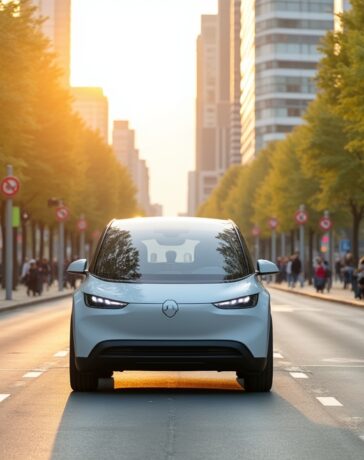 Ein sonnendurchfluteter moderner Stadthintergrund mit einem stilvollen, futuristischen Elektroauto auf einer breiten, urbanen Straße, umgeben von grünen Bäumen und intelligenten Verkehrsschildern, während freundliche Menschen entspannt am Straßenrand in Richtung der Mobilitätszukunft blicken – ein harmonisches Bild technologischer Innovation und menschlicher Zuversicht im Herzen Deutschlands.