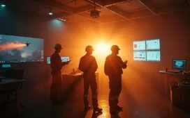 In einem sonnendurchfluteten Einsatzraum kooperieren engagierte Einsatzkräfte an hochwertigen digitalen Bildschirmen mit modernster DRONE-Überwachung im Hintergrund, während warme Tageslichtstrahlen eine Atmosphäre von Hoffnung, Fortschritt und menschlicher Verbundenheit in der technologischen Katastrophenhilfe schaffen.