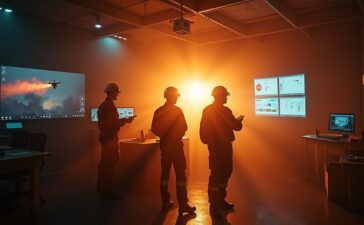 In einem sonnendurchfluteten Einsatzraum kooperieren engagierte Einsatzkräfte an hochwertigen digitalen Bildschirmen mit modernster DRONE-Überwachung im Hintergrund, während warme Tageslichtstrahlen eine Atmosphäre von Hoffnung, Fortschritt und menschlicher Verbundenheit in der technologischen Katastrophenhilfe schaffen.