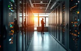 Ein lichtdurchfluteter, moderner Serverraum in München mit Reihen hochentwickelter Grafikprozessoren, unter warmem Tageslicht strahlt die Szene technische Innovationskraft und europäische Zukunftsvision aus, während erfahrene Techniker in entspannter Atmosphäre konzentriert zusammenarbeiten.