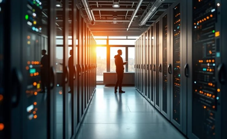 Ein lichtdurchfluteter, moderner Serverraum in München mit Reihen hochentwickelter Grafikprozessoren, unter warmem Tageslicht strahlt die Szene technische Innovationskraft und europäische Zukunftsvision aus, während erfahrene Techniker in entspannter Atmosphäre konzentriert zusammenarbeiten.