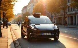 Ein sonnendurchflutetes Straßenszenario in einer lebhaften deutschen Stadt, das einen modernen Tesla in eleganter Fahrt zeigt, während natürliche Lichtreflexe auf dem glänzenden Lack spielen und im Hintergrund freundliche Passanten und urbane Architektur die innovative Zukunft des autonomen Fahrens warm und einladend widerspiegeln.