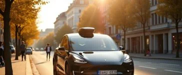 Ein sonnendurchflutetes Straßenszenario in einer lebhaften deutschen Stadt, das einen modernen Tesla in eleganter Fahrt zeigt, während natürliche Lichtreflexe auf dem glänzenden Lack spielen und im Hintergrund freundliche Passanten und urbane Architektur die innovative Zukunft des autonomen Fahrens warm und einladend widerspiegeln.