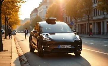 Ein sonnendurchflutetes Straßenszenario in einer lebhaften deutschen Stadt, das einen modernen Tesla in eleganter Fahrt zeigt, während natürliche Lichtreflexe auf dem glänzenden Lack spielen und im Hintergrund freundliche Passanten und urbane Architektur die innovative Zukunft des autonomen Fahrens warm und einladend widerspiegeln.