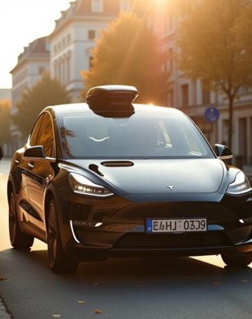 Ein sonnendurchflutetes Straßenszenario in einer lebhaften deutschen Stadt, das einen modernen Tesla in eleganter Fahrt zeigt, während natürliche Lichtreflexe auf dem glänzenden Lack spielen und im Hintergrund freundliche Passanten und urbane Architektur die innovative Zukunft des autonomen Fahrens warm und einladend widerspiegeln.