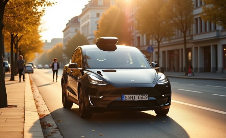 Ein sonnendurchflutetes Straßenszenario in einer lebhaften deutschen Stadt, das einen modernen Tesla in eleganter Fahrt zeigt, während natürliche Lichtreflexe auf dem glänzenden Lack spielen und im Hintergrund freundliche Passanten und urbane Architektur die innovative Zukunft des autonomen Fahrens warm und einladend widerspiegeln.