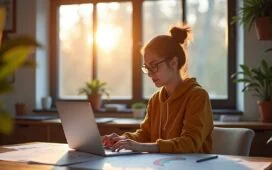 In einem lichtdurchfluteten, modernen Büro mit warmen Holzelementen sitzt eine Person entspannt vor einem Laptop, umgeben von technischen Skizzen und Diagrammen auf Papier, während sanftes Tageslicht durch große Fenster fällt und so eine einladende Atmosphäre für fokussiertes Arbeiten an innovativem Token-Management in Webanwendungen schafft.