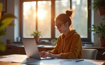 In einem lichtdurchfluteten, modernen Büro mit warmen Holzelementen sitzt eine Person entspannt vor einem Laptop, umgeben von technischen Skizzen und Diagrammen auf Papier, während sanftes Tageslicht durch große Fenster fällt und so eine einladende Atmosphäre für fokussiertes Arbeiten an innovativem Token-Management in Webanwendungen schafft.