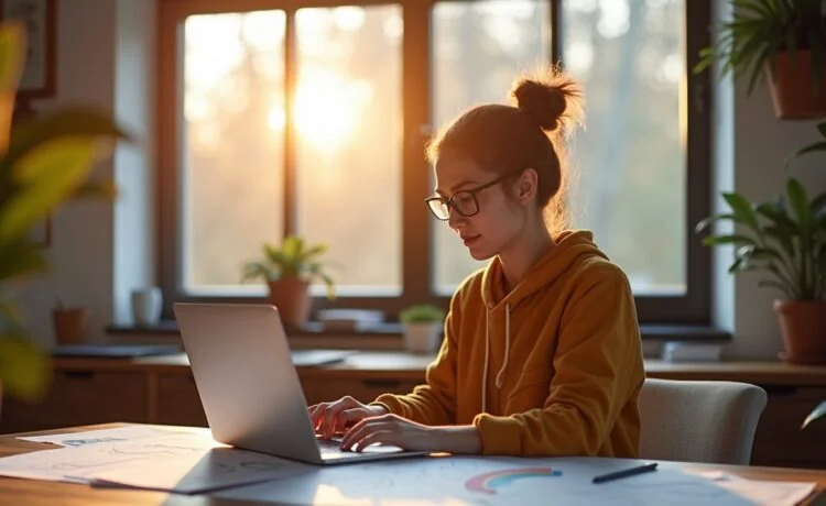 In einem lichtdurchfluteten, modernen Büro mit warmen Holzelementen sitzt eine Person entspannt vor einem Laptop, umgeben von technischen Skizzen und Diagrammen auf Papier, während sanftes Tageslicht durch große Fenster fällt und so eine einladende Atmosphäre für fokussiertes Arbeiten an innovativem Token-Management in Webanwendungen schafft.