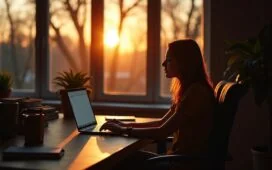 Eine helle, einladende Szenerie zeigt eine Person in einem modernen Home-Office, die konzentriert und entspannt am Laptop arbeitet, während warmes Tageslicht durch große Fenster fällt und die Atmosphäre von digitaler Freiheit und sicherem, anonymem Surfen im Netz widerspiegelt.