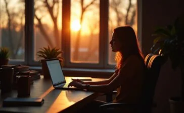 Eine helle, einladende Szenerie zeigt eine Person in einem modernen Home-Office, die konzentriert und entspannt am Laptop arbeitet, während warmes Tageslicht durch große Fenster fällt und die Atmosphäre von digitaler Freiheit und sicherem, anonymem Surfen im Netz widerspiegelt.