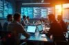 Ein hell erleuchteter, moderner Besprechungsraum mit fokussierten Fachleuten unterschiedlicher Herkunft, die an Laptops und großen Bildschirmen wichtige Cybersecurity-Daten analysieren, während warmes Tageslicht durch große Fenster fällt und eine Atmosphäre von Zusammenarbeit und professioneller Entschlossenheit schafft.