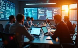 Ein hell erleuchteter, moderner Besprechungsraum mit fokussierten Fachleuten unterschiedlicher Herkunft, die an Laptops und großen Bildschirmen wichtige Cybersecurity-Daten analysieren, während warmes Tageslicht durch große Fenster fällt und eine Atmosphäre von Zusammenarbeit und professioneller Entschlossenheit schafft.