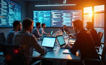 Ein hell erleuchteter, moderner Besprechungsraum mit fokussierten Fachleuten unterschiedlicher Herkunft, die an Laptops und großen Bildschirmen wichtige Cybersecurity-Daten analysieren, während warmes Tageslicht durch große Fenster fällt und eine Atmosphäre von Zusammenarbeit und professioneller Entschlossenheit schafft.