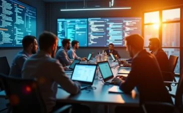 Ein hell erleuchteter, moderner Besprechungsraum mit fokussierten Fachleuten unterschiedlicher Herkunft, die an Laptops und großen Bildschirmen wichtige Cybersecurity-Daten analysieren, während warmes Tageslicht durch große Fenster fällt und eine Atmosphäre von Zusammenarbeit und professioneller Entschlossenheit schafft.