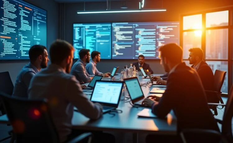 Ein hell erleuchteter, moderner Besprechungsraum mit fokussierten Fachleuten unterschiedlicher Herkunft, die an Laptops und großen Bildschirmen wichtige Cybersecurity-Daten analysieren, während warmes Tageslicht durch große Fenster fällt und eine Atmosphäre von Zusammenarbeit und professioneller Entschlossenheit schafft.