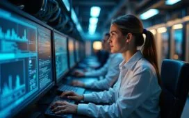 Ein modernes, hell erleuchtetes Rechenzentrum mit transparenten Glasfaserkabeln in warmem Licht, in dem freundliche Techniker:innen konzentriert und zuversichtlich an hochentwickelten Monitoren und Steuergeräten arbeiten, die den zukunftsweisenden Ausbau der digitalen Infrastruktur symbolisieren.