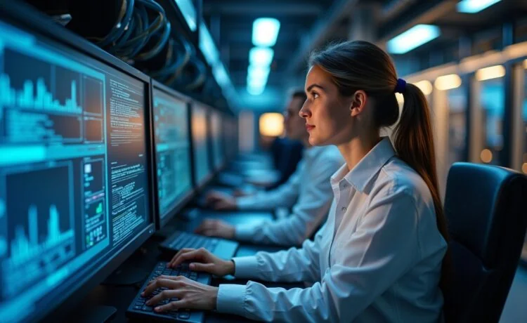 Ein modernes, hell erleuchtetes Rechenzentrum mit transparenten Glasfaserkabeln in warmem Licht, in dem freundliche Techniker:innen konzentriert und zuversichtlich an hochentwickelten Monitoren und Steuergeräten arbeiten, die den zukunftsweisenden Ausbau der digitalen Infrastruktur symbolisieren.