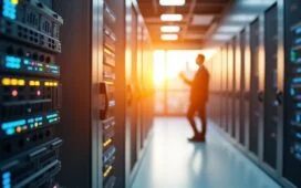 Ein sonnendurchflutetes modernes Rechenzentrum mit fokussierten IT-Experten, die bei natürlichem Licht an hochmodernen Serverracks arbeiten, strahlend vor Zuversicht und technologischer Innovation in einem warmen, freundlichen Ambiente.