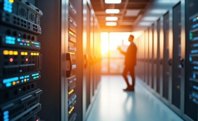 Ein sonnendurchflutetes modernes Rechenzentrum mit fokussierten IT-Experten, die bei natürlichem Licht an hochmodernen Serverracks arbeiten, strahlend vor Zuversicht und technologischer Innovation in einem warmen, freundlichen Ambiente.