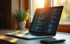 Ein hell erleuchteter, moderner Arbeitsbereich mit einem geöffneten Windows-Laptop, auf dessen Bildschirm diskrete Codezeilen und Sicherheitssoftware sichtbar sind, umgeben von sonnendurchflutetem Fensterlicht und warmen Holztönen, die eine Atmosphäre von konzentrierter Wachsamkeit und technischer Präzision schaffen.