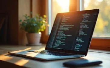 Ein hell erleuchteter, moderner Arbeitsbereich mit einem geöffneten Windows-Laptop, auf dessen Bildschirm diskrete Codezeilen und Sicherheitssoftware sichtbar sind, umgeben von sonnendurchflutetem Fensterlicht und warmen Holztönen, die eine Atmosphäre von konzentrierter Wachsamkeit und technischer Präzision schaffen.
