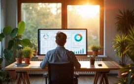 In einem hell erleuchteten, modern eingerichteten Arbeitszimmer sitzt ein konzentrierter Entwickler vor einem großen Bildschirm mit klar strukturiertem Dashboard-Layout, umgeben von natürlichen Holz- und Pflanzenakzenten, während warmes Tageslicht sanft durch ein Fenster fällt und eine Atmosphäre von Innovation, Klarheit und datenschutzbewusster Webanalyse schafft.