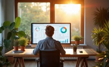 In einem hell erleuchteten, modern eingerichteten Arbeitszimmer sitzt ein konzentrierter Entwickler vor einem großen Bildschirm mit klar strukturiertem Dashboard-Layout, umgeben von natürlichen Holz- und Pflanzenakzenten, während warmes Tageslicht sanft durch ein Fenster fällt und eine Atmosphäre von Innovation, Klarheit und datenschutzbewusster Webanalyse schafft.