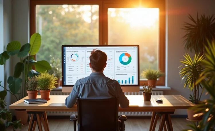 In einem hell erleuchteten, modern eingerichteten Arbeitszimmer sitzt ein konzentrierter Entwickler vor einem großen Bildschirm mit klar strukturiertem Dashboard-Layout, umgeben von natürlichen Holz- und Pflanzenakzenten, während warmes Tageslicht sanft durch ein Fenster fällt und eine Atmosphäre von Innovation, Klarheit und datenschutzbewusster Webanalyse schafft.