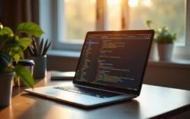 Ein heller, freundlicher Arbeitsplatz mit einem modernen Laptop, auf dessen Bildschirm klar strukturierter Code und übersichtliche Testläufe in einer Entwicklerumgebung sichtbar sind, umgeben von warmem Tageslicht, das eine konzentrierte und zugleich einladende Atmosphäre für die sichere Entwicklung und Prüfung von Cloud-Policies schafft.