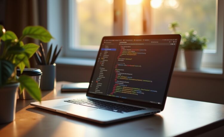 Ein heller, freundlicher Arbeitsplatz mit einem modernen Laptop, auf dessen Bildschirm klar strukturierter Code und übersichtliche Testläufe in einer Entwicklerumgebung sichtbar sind, umgeben von warmem Tageslicht, das eine konzentrierte und zugleich einladende Atmosphäre für die sichere Entwicklung und Prüfung von Cloud-Policies schafft.