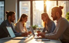 Ein sonnendurchflutetes, modernes Büro mit motivierten IT-Professionals, die konzentriert und herzlich im Team an hochmodernen Laptops arbeiten, während natürliche Fensterfronten warmes Licht auf elegante Technik und freundliche Gesichter werfen – ein authentisches Bild des strategischen Windows-11-Upgrades im Unternehmensalltag.