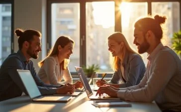 Ein sonnendurchflutetes, modernes Büro mit motivierten IT-Professionals, die konzentriert und herzlich im Team an hochmodernen Laptops arbeiten, während natürliche Fensterfronten warmes Licht auf elegante Technik und freundliche Gesichter werfen – ein authentisches Bild des strategischen Windows-11-Upgrades im Unternehmensalltag.