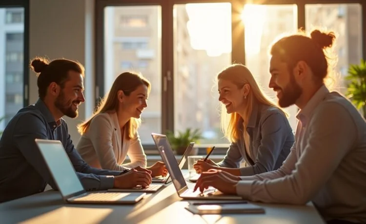 Ein sonnendurchflutetes, modernes Büro mit motivierten IT-Professionals, die konzentriert und herzlich im Team an hochmodernen Laptops arbeiten, während natürliche Fensterfronten warmes Licht auf elegante Technik und freundliche Gesichter werfen – ein authentisches Bild des strategischen Windows-11-Upgrades im Unternehmensalltag.